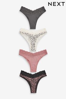 Black/Grey/Cream/Pink Printed Extra High Leg Cotton and Lace Knickers 4 Pack (682093) | kr197