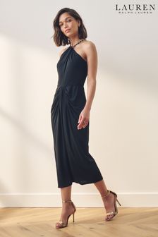 Lauren Ralph Lauren Amberline Stretch Jersey Halterneck Chain Midi Black Dress (682777) | €371