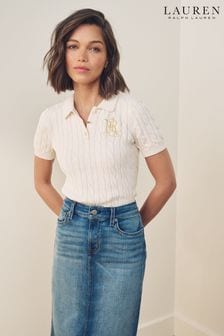 Kremowy - Lauren Ralph Lauren Natrissa Cable Knit Cotton Polo Shirt (682958) | 1,005 zł