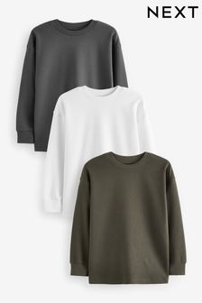 Khaki Green/ Charcoal/ White Long Sleeve Textured T-Shirts 3 Pack (3-16yrs) (683137) | $43 - $53