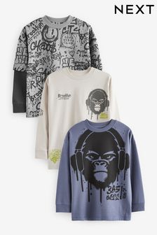 Blue/ Grey/ Cream Gorilla Graphic 100% Cotton Long Sleeve T-Shirts 3 Pack (3-16yrs) (683173) | ￥5,050 - ￥6,220