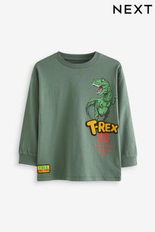 Khaki Green Dino Back Print Long Sleeve Graphic 100% Cotton T-Shirt (3-16yrs) (684104) | CHF 18 - CHF 22