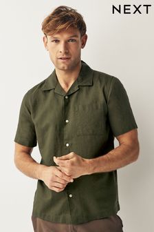 Green Cuban Collar Linen Blend Short Sleeve Shirt (685691) | $49