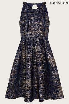 Monsoon Blue Foil Print Scuba Prom Dress (686257) | AED355 - AED391