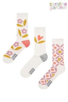 ホワイト - Caroline Gardner Floral Design Socks 3 Pk (687260) | ￥2,470