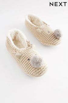 Cream Reindeer Knitted Footsie Slippers (687289) | R183