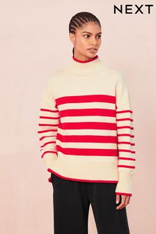 Red/Ecru Cream High Neck Stripe Cosy Knitted Jumper Long Sleeve Top (687514) | kr371