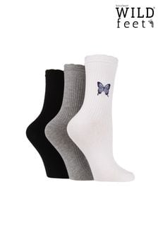 Wild Feet White Butterfly Embroidered Rib Frilly Leisure Socks (687527) | SGD 27