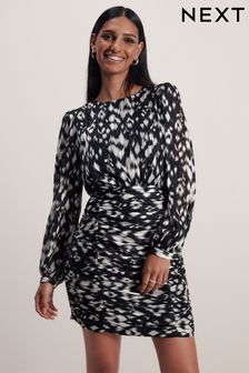 Black/White Monochrome Print Long Sleeve Ruched Mini Dress (687969) | €18