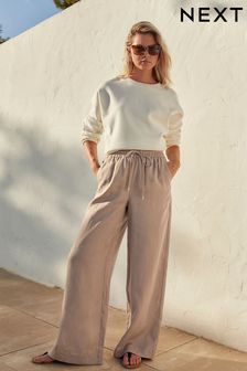 Taupe Brown Premium 100% Linen Wide Leg Trousers (688219) | LEI 285