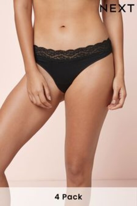 Black Thong Lace Trim Cotton Blend Knickers 4 Pack (688432) | 18 €