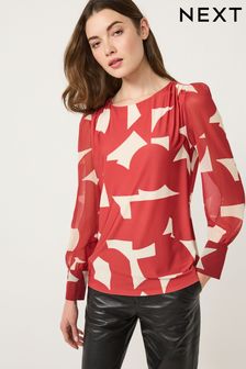 Red Geo Long Sleeve Crew Neck Cuff Blouse (688477) | $46