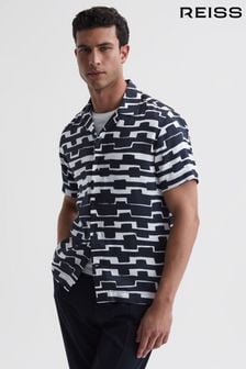 Reiss Navy/White Oakland Abstract Printed Cuban Collar Shirt (688522) | AED706