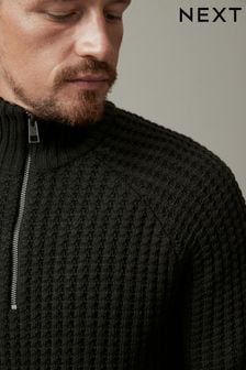 Schwarz - Strickpullover mit Waffelstruktur und RV-Kragen in Regular Fit (688945) | 20 €