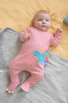 JoJo Maman Bébé Pink Dino Appliqué Zip Cotton Baby Sleepsuit (689035) | AED116