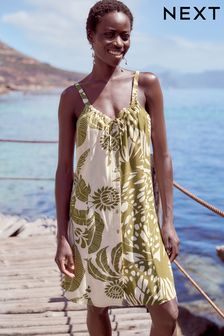 Green Leaf Print Mini Tie Front Summer Dress (689047) | €25