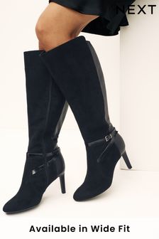 Black Regular/Wide Fit Forever Comfort® Buckle Detail Heeled Knee High Boots (689253) | AED130