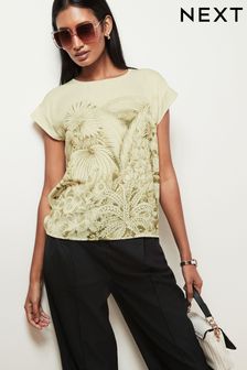 Ecru and Green Leaf Print Woven Mix Short Sleeve T-Shirt (689521) | kr290