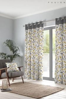 Fusion Yellow 100% Cotton Beechwood Leaves Eyelet Lined Curtains (689703) | $60 - $111