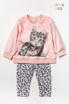 Розовый хлопковый комплект из 2 предметов с принтом кошки и брюк Lily & Jack (689732) | €27