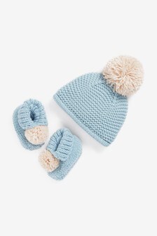 Blue Chunky Knit Pom Baby Hat And Bootie Set (0-12mths) (689851) | R183