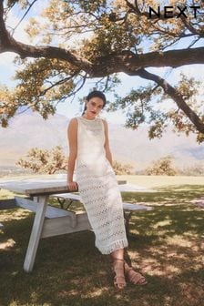 White Crochet Fringe Midi Sleeveless Dress (690993) | ₪ 180
