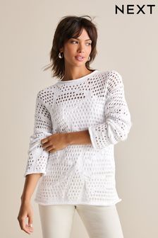 Ecru White Open Stitch Relaxed Fit Jumper (691834) | AED152