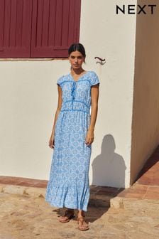 Blue Tile Print Tie Front Short Sleeve Maxi Dress (692826) | €46