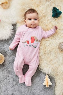 JoJo Maman Bébé Pink Robin Appliqué Zip Sleepsuit (692861) | $37