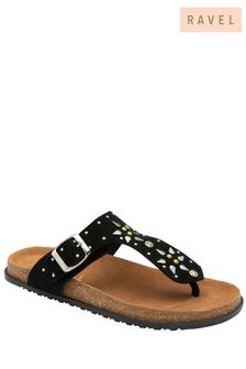 Ravel Black Leather Mule Toe Post Sandals (692956) | LEI 388