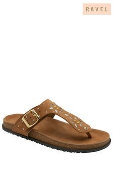 Ravel Brown Leather Mule Toe Post Sandals (693115) | $103