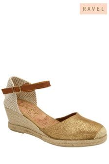 Ravel Gold Ankle Strap Wedge Espadrilles (693308) | AED416
