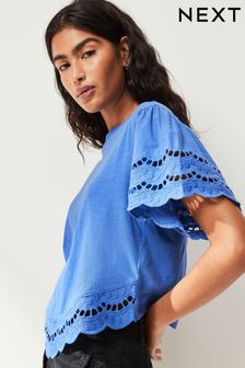 Blue Short Sleeve Broderie Trim T-Shirt (693749) | $32