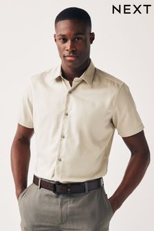 Neutral Brown Slim Fit Trimmed Formal Short Sleeve Shirt (693969) | $50