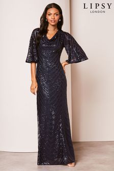 Lipsy Navy Blue Reversible Cowl Neck Sequin Maxi Dress (695402) | AED628