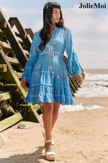 Niebieska sukienka midi Jolie Moi z rękawem 3/4 i szydełkowanym wykończeniem (696644) | 205 zł