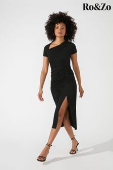 Ro&zo - Czarna sukienka midi z krepy dżersejowej z rozcięciami na nodze (699031) | 280 zł