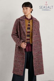 Seasalt Cornwall Purple Petite Evenweave Wool Blend Checked Coat (699166) | 642 zł