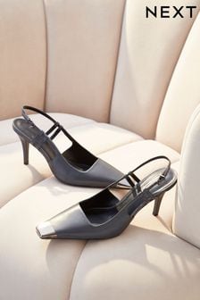 Gri - Pantofi din piele premium cu toc și vârf metalic cu baretă pe gleznă (699202) | 436 LEI