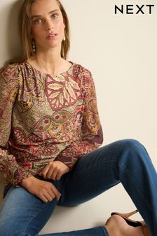 Pink Paisley Long Sleeve Crew Neck Cuff Blouse (699644) | TRY 837