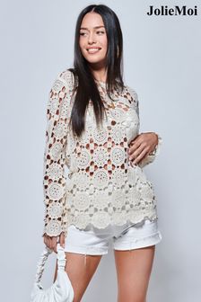 Jolie Moi Cream Crochet Knit Long Sleeve Top (699694) | €24
