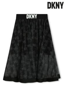 DKNY Two Layer Mesh Logo Mid Length Black Skirt