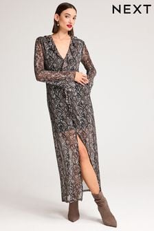 Brown Snake Print Long Sleeve Mesh Ruffle Maxi Dress (6L6106) | $73