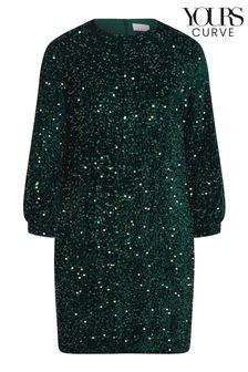 Yours Curve Green London Sequin Velvet Bellow Sleeve Shift Dress (6X9574) | $71
