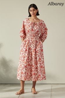 Kremowa sukienka Albaray Lila z motywem roślinnym (700456) | 347 zł