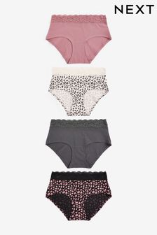 Black/Grey/Cream/Pink Printed Midi Cotton and Lace Knickers 4 Pack (701130) | SGD 31