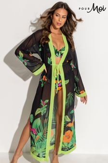 Pour Moi Black Floral Print Chiffon Maxi Beach Kimono (702013) | $77