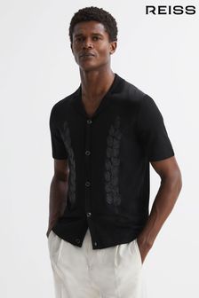 Reiss Black Script Embroidered Cuban Collar Button Through T-Shirt (702479) | 941 QAR
