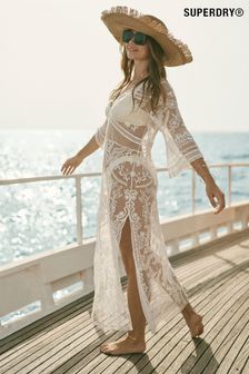 Superdry Cream Beach Cover Up Lace Maxi Dress (703156) | kr1,547