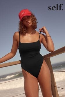 self. Black Rib Self Square Neck High Leg Swimsuit (704571) | kr670